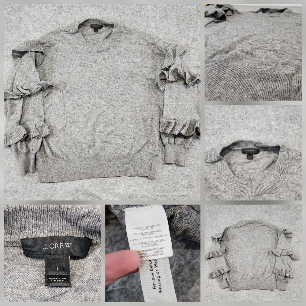 J Crew Ruffle Sleeve Womens L Large Wool Blend Knit Crewneck Grey Sweater